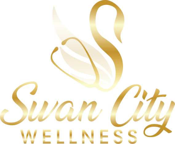 Swan City Wellness gold logo with stylized swan